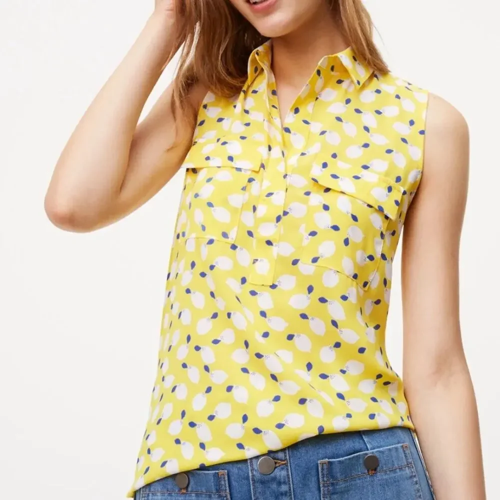 LOFT Lemon Print Top Womens Medium Yellow Novelty Playful Lemonade Tank - Picture 1 of 9